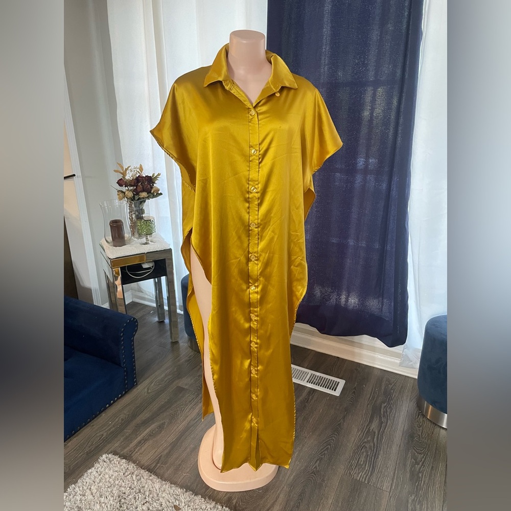 Cherie Large open side Gold Satin Button-Down Kaftan maxi sexy silky